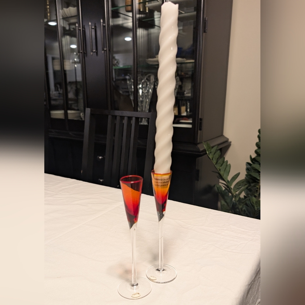 Mid Century Modern Dainty Candlestick Holder Set In Orange and Clear Glass - Picture 3 of 6